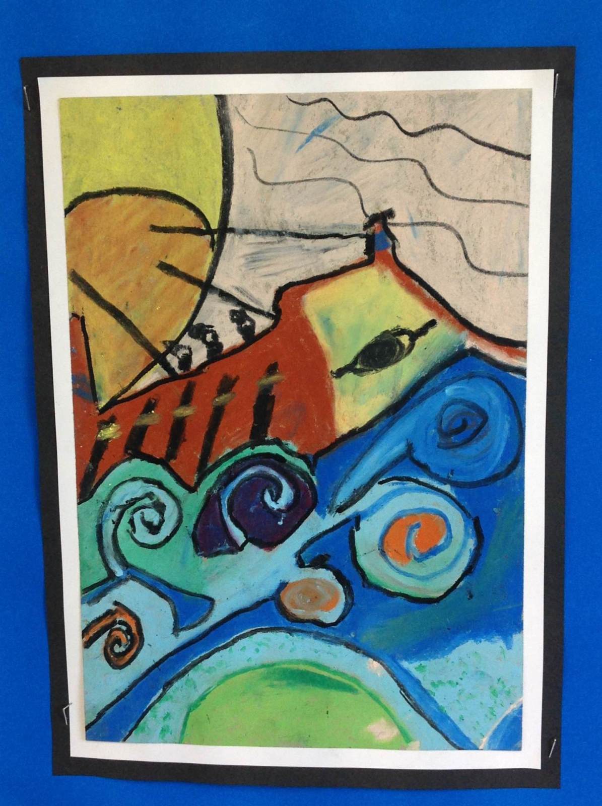 Oil pastel of Odysseus sailing tempestuous seas